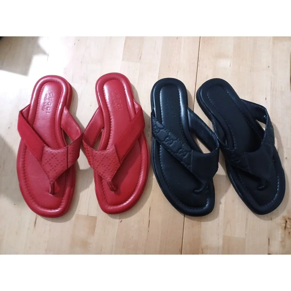 Lot Of 2 Gucci GG Black Red Leather Thong Men Sandal Slide US7.5 EU40 GUCCI/UK7G